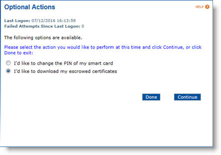 User portal Optional Actions screen displaying a list of available actions, as well as two buttons at the bottom of the screen: Done and Continue